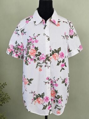Roaman's Floral Button Up Shirt 16W White Pink Cotton Blend Short Sleeve Plus